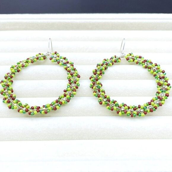 Silver Wire Wrapped Multicolored Beaded Round Wreath Dangling Hook Earrings - Picture 4 of 9